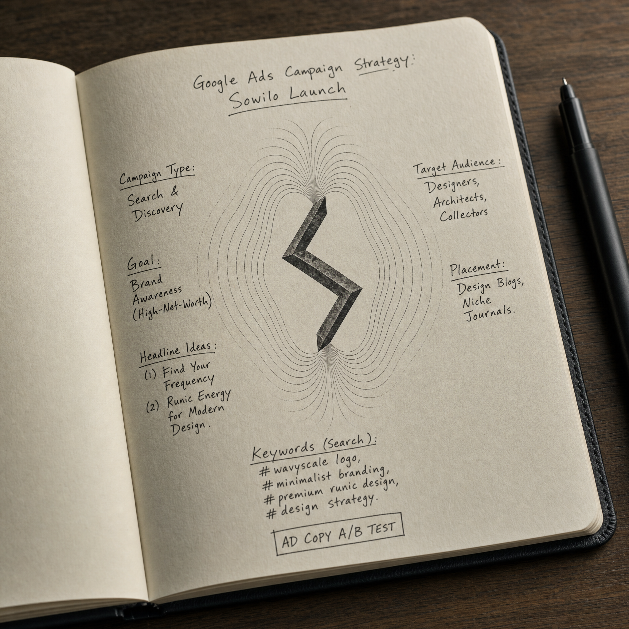 An open notebook with hand-drawn Google Ads campaign strategy notes surrounding the WAVYSCALE emblem
