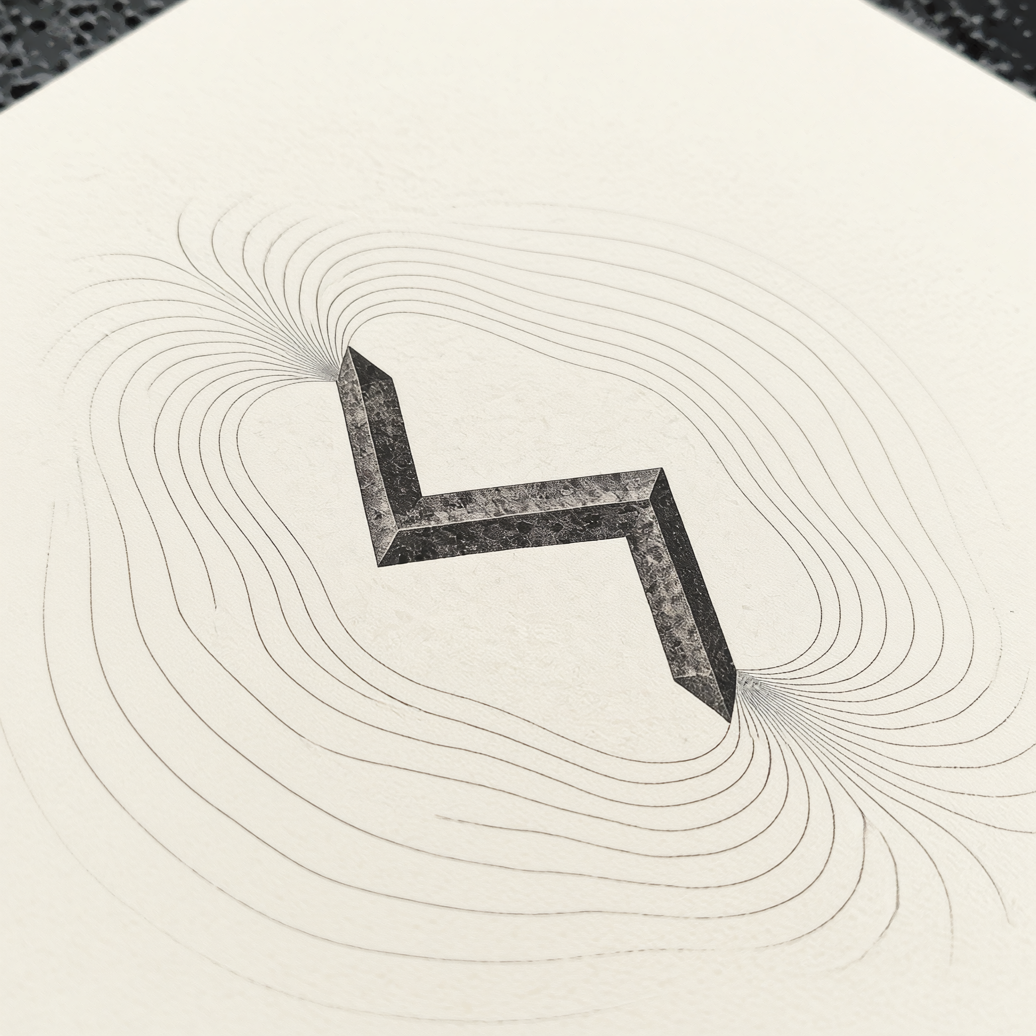 WAVYSCALE emblem hand-pressed onto archival paper, surrounded by topographic contour lines